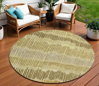 8' Gold Brown And Gray Round Striped Washable Indoor Outdoor Area Rug