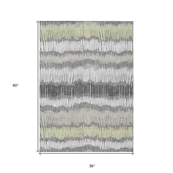 3' X 5' Gray Light Green And Ivory Striped Washable Indoor Outdoor Area Rug