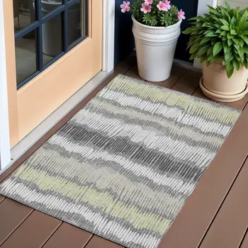 3' X 5' Gray Light Green And Ivory Striped Washable Indoor Outdoor Area Rug