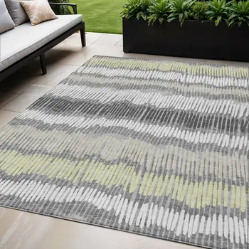 5' X 8' Gray Light Green And Ivory Striped Washable Indoor Outdoor Area Rug