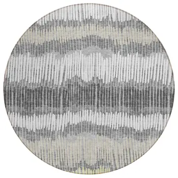 8' Gray Light Green And Ivory Round Striped Washable Indoor Outdoor Area Rug