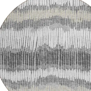 8' Gray Light Green And Ivory Round Striped Washable Indoor Outdoor Area Rug