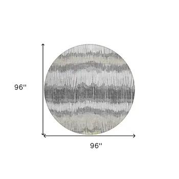 8' Gray Light Green And Ivory Round Striped Washable Indoor Outdoor Area Rug