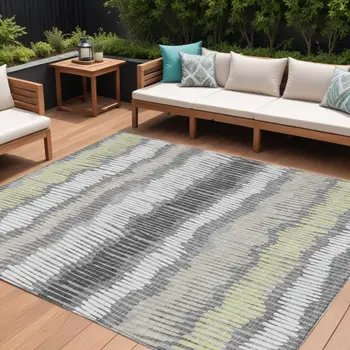 8' X 10' Gray Light Green And Ivory Striped Washable Indoor Outdoor Area Rug
