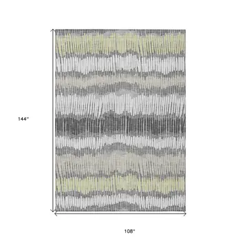 9' X 12' Gray Light Green And Ivory Striped Washable Indoor Outdoor Area Rug