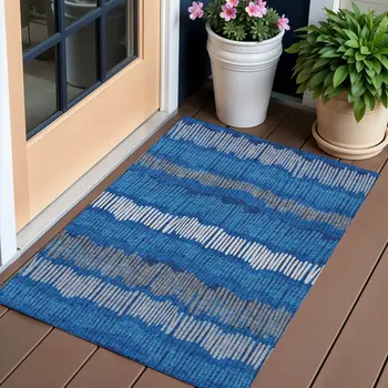 3' X 5' Navy Blue Gray And Ivory Striped Washable Indoor Outdoor Area Rug
