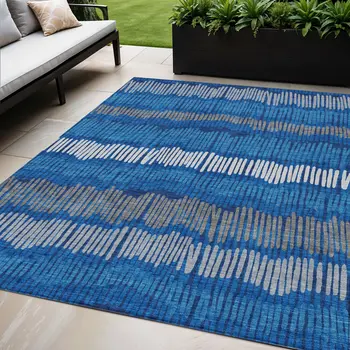 5' X 8' Navy Blue Gray And Ivory Striped Washable Indoor Outdoor Area Rug