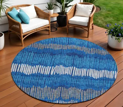 8' Navy Blue Gray And Ivory Round Striped Washable Indoor Outdoor Area Rug
