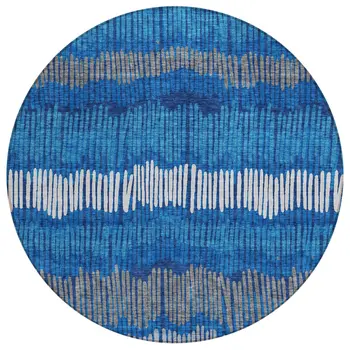 8' Navy Blue Gray And Ivory Round Striped Washable Indoor Outdoor Area Rug