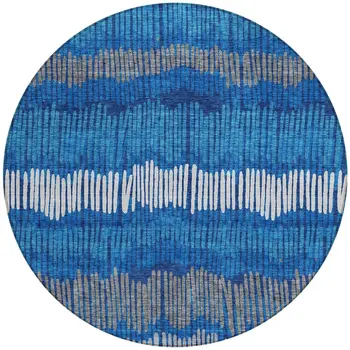 8' Navy Blue Gray And Ivory Round Striped Washable Indoor Outdoor Area Rug