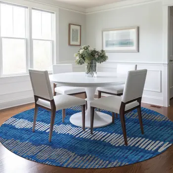8' Navy Blue Gray And Ivory Round Striped Washable Indoor Outdoor Area Rug