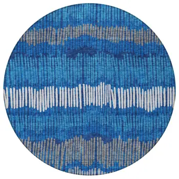 8' Navy Blue Gray And Ivory Round Striped Washable Indoor Outdoor Area Rug