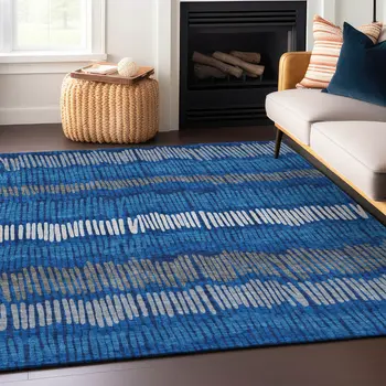 8' X 10' Navy Blue Gray And Ivory Striped Washable Indoor Outdoor Area Rug