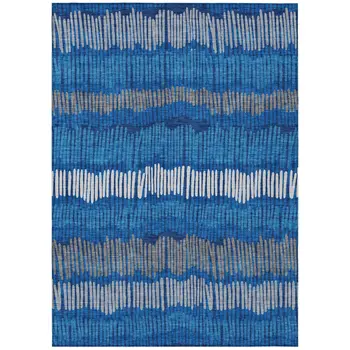9' X 12' Navy Blue Gray And Ivory Striped Washable Indoor Outdoor Area Rug