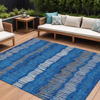 10' X 14' Navy Blue Gray And Ivory Striped Washable Indoor Outdoor Area Rug