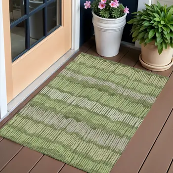 3' X 5' Olive Green And Gray Striped Washable Indoor Outdoor Area Rug