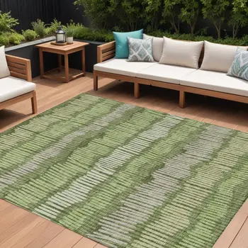 8' X 10' Olive Green And Gray Striped Washable Indoor Outdoor Area Rug