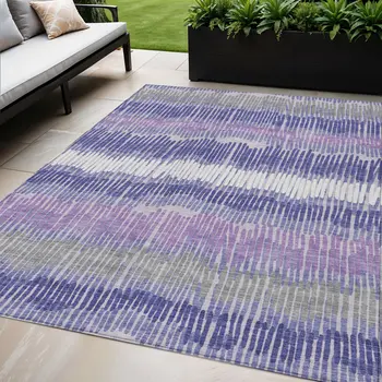 5' X 8' Purple And Gray Striped Washable Indoor Outdoor Area Rug