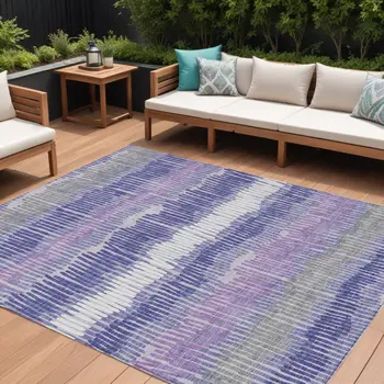 10' X 14' Purple And Gray Striped Washable Indoor Outdoor Area Rug