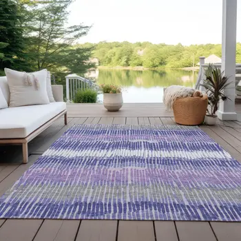 10' X 14' Purple And Gray Striped Washable Indoor Outdoor Area Rug