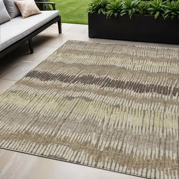 5' X 8' Taupe Brown And Beige Striped Washable Indoor Outdoor Area Rug