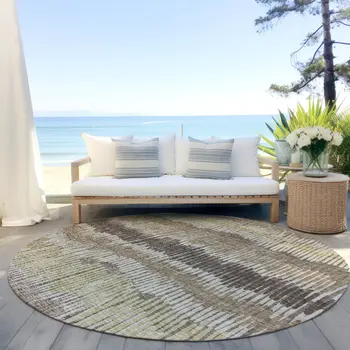8' Taupe Brown And Beige Round Striped Washable Indoor Outdoor Area Rug