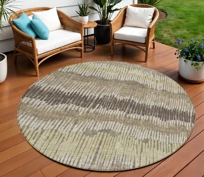 8' Taupe Brown And Beige Round Striped Washable Indoor Outdoor Area Rug