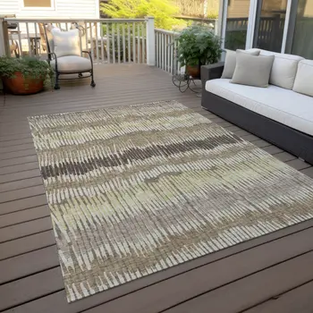 9' X 12' Taupe Brown And Beige Striped Washable Indoor Outdoor Area Rug