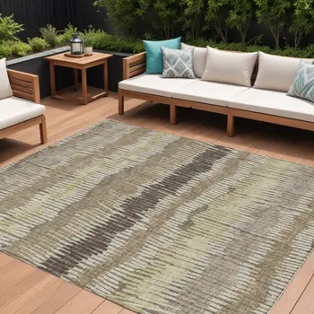 10' X 14' Taupe Brown And Beige Striped Washable Indoor Outdoor Area Rug