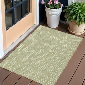 3' X 5' Artichoke Green And Ivory Geometric Washable Indoor Outdoor Area Rug