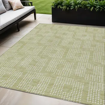 5' X 8' Artichoke Green And Ivory Geometric Washable Indoor Outdoor Area Rug