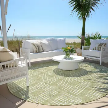 8' Artichoke Green And Ivory Round Geometric Washable Indoor Outdoor Area Rug
