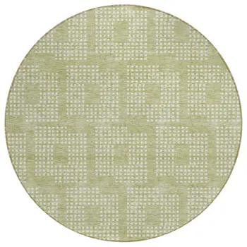 8' Artichoke Green And Ivory Round Geometric Washable Indoor Outdoor Area Rug