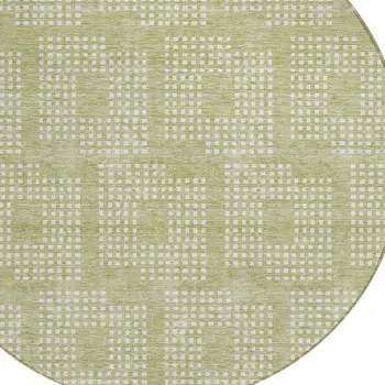 8' Artichoke Green And Ivory Round Geometric Washable Indoor Outdoor Area Rug