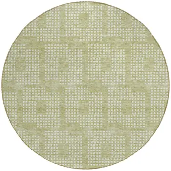 8' Artichoke Green And Ivory Round Geometric Washable Indoor Outdoor Area Rug