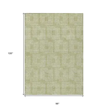 8' X 10' Artichoke Green And Ivory Geometric Washable Indoor Outdoor Area Rug