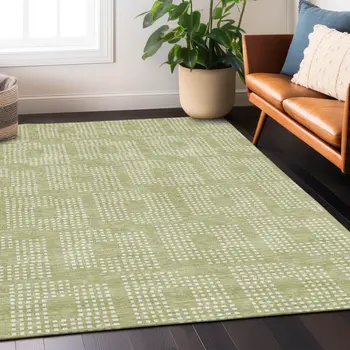 8' X 10' Artichoke Green And Ivory Geometric Washable Indoor Outdoor Area Rug