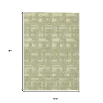 9' X 12' Artichoke Green And Ivory Geometric Washable Indoor Outdoor Area Rug