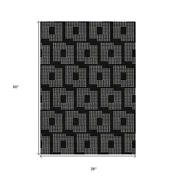 3' X 5' Black And Ivory Geometric Washable Indoor Outdoor Area Rug