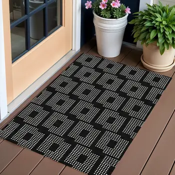 3' X 5' Black And Ivory Geometric Washable Indoor Outdoor Area Rug