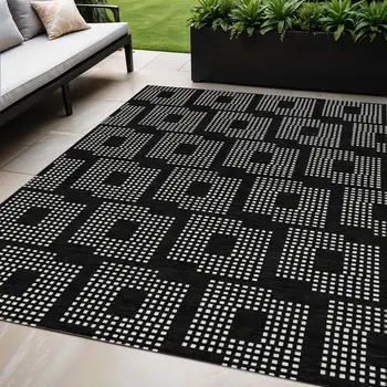 5' X 8' Black And Ivory Geometric Washable Indoor Outdoor Area Rug