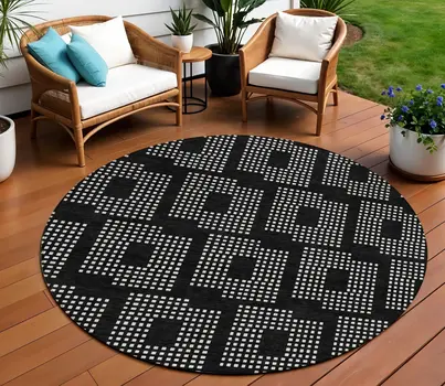 8' Black And Ivory Round Geometric Washable Indoor Outdoor Area Rug