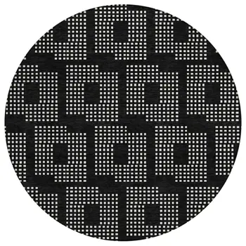 8' Black And Ivory Round Geometric Washable Indoor Outdoor Area Rug