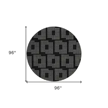 8' Black And Ivory Round Geometric Washable Indoor Outdoor Area Rug