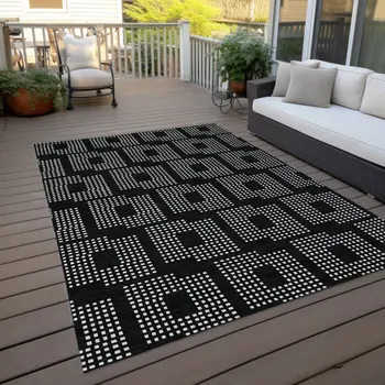 8' X 10' Black And Ivory Geometric Washable Indoor Outdoor Area Rug