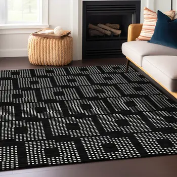 8' X 10' Black And Ivory Geometric Washable Indoor Outdoor Area Rug