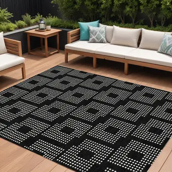 9' X 12' Black And Ivory Geometric Washable Indoor Outdoor Area Rug