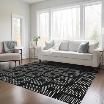 9' X 12' Black And Ivory Geometric Washable Indoor Outdoor Area Rug