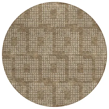 8' Brown And Ivory Round Geometric Washable Indoor Outdoor Area Rug