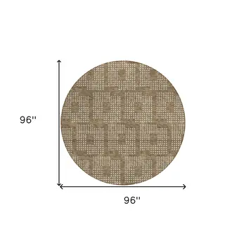 8' Brown And Ivory Round Geometric Washable Indoor Outdoor Area Rug